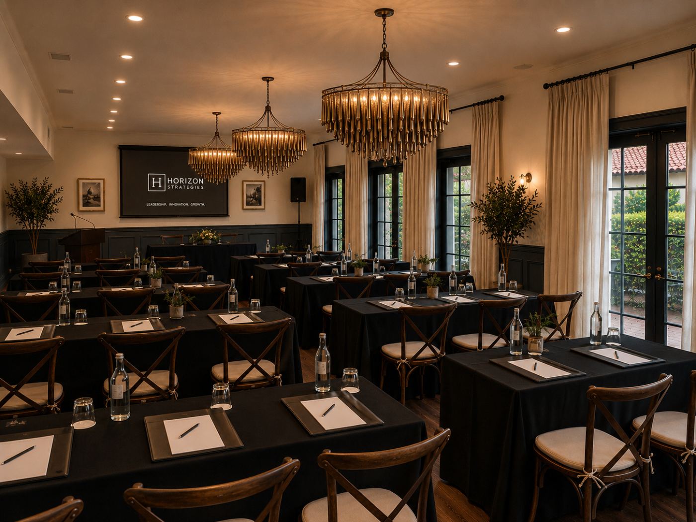 The Drawing Room set with long tables for a private corporate meeting