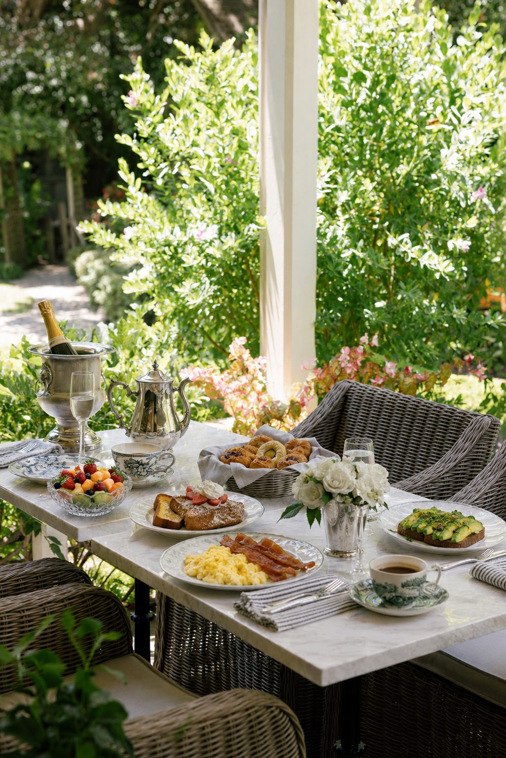 A garden breakfast table set with French toast, eggs, seasonal fruit, pastries, and champagne at the Simpson House Inn