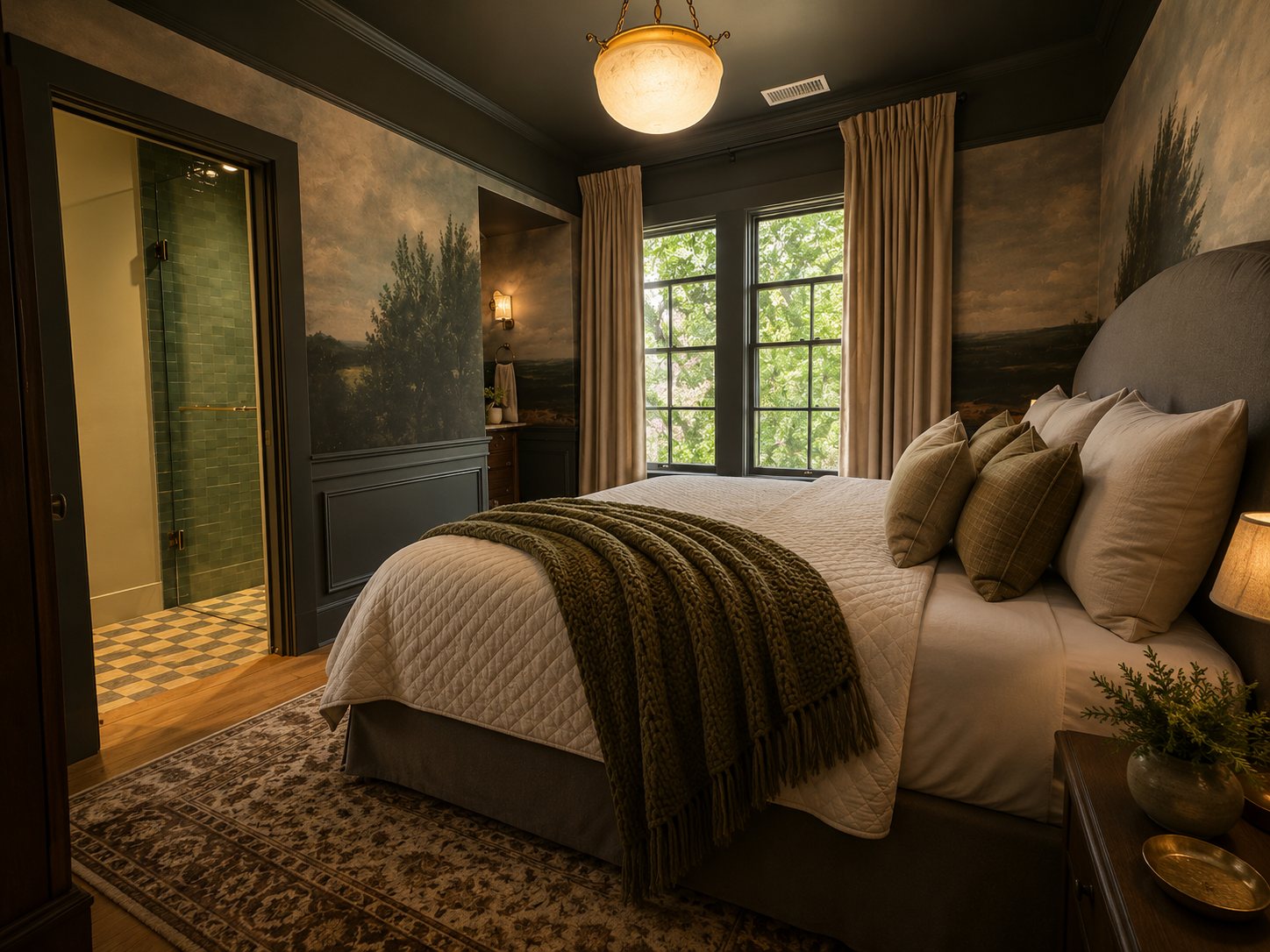The Mary Simpson Room: king bed, pastoral murals, and the green-tiled bath beyond