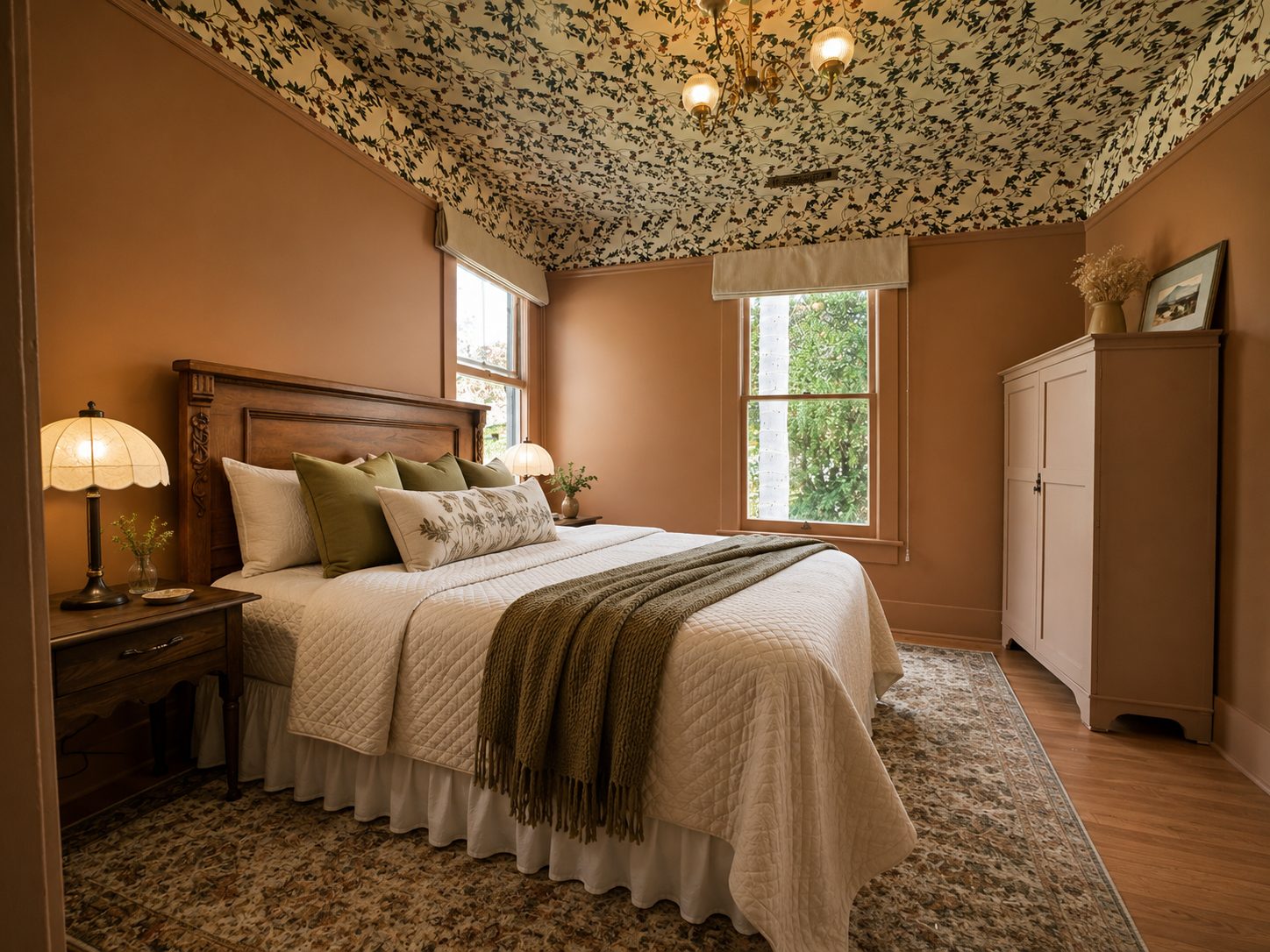 The carved Victorian queen bed and botanical ceiling in the Katharine McCormick Room